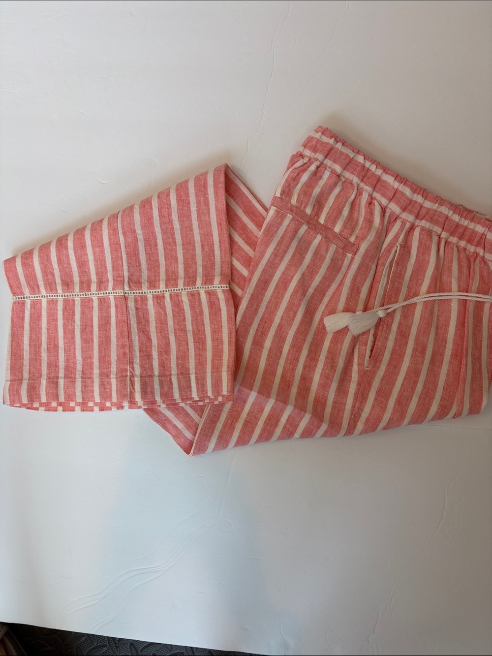 C&C California Coral/White Heather Linen Striped Wide Leg Pants-XS